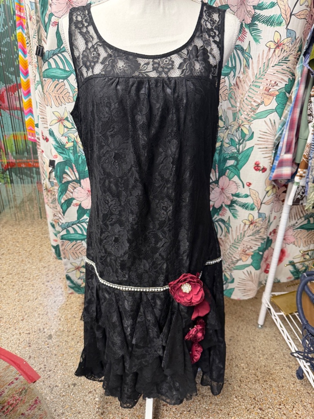 Unique Vintage Brand Black Lace Sleeveless Ruffle Dress with Flora Accent NWT